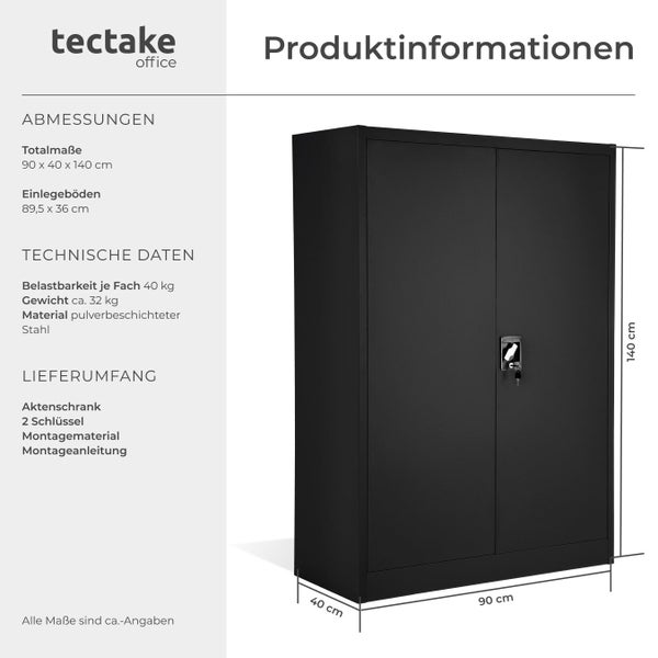 tectake Aktenschrank aus pulverbeschichtetem Stahl, 90 x 40 x 140 cm