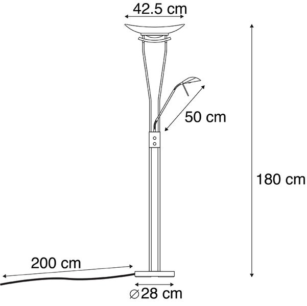 Skizze einer Stehlampe mit den Maßen Höhe 180 cm, Schirmdurchmesser 42,5 cm, Ausleger 50 cm, Fußdurchmesser 28 cm und Kabellänge 200 cm