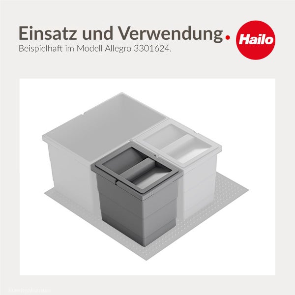 Hailo Logo und Abfalltrennsystem für Einbau in Küchenschrank Modell Allegro 3301624 zur Darstellung der Verwendung.