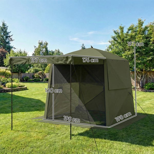 Grüner Gartenpavillon mit Seitenwänden und Markise im Garten, Maße: 198 mal 198 Zentimeter, Höhe 197 Zentimeter.