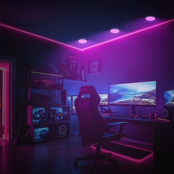 Spielzimmer mit Schreibtisch, Computermonitoren, Regal und Gaming-Stuhl