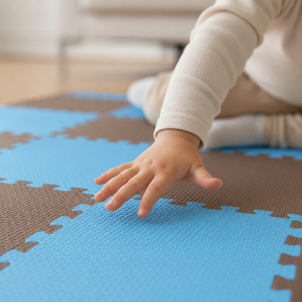 Kind spielt auf einer Puzzlematte aus Schaumstoff mit ineinandergreifenden Puzzleteilen.