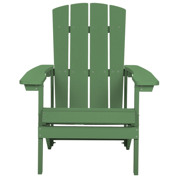 Grüner Adirondack Gartensessel aus Kunststoff in Holzoptik mit hoher Rückenlehne und breiten Armlehnen.