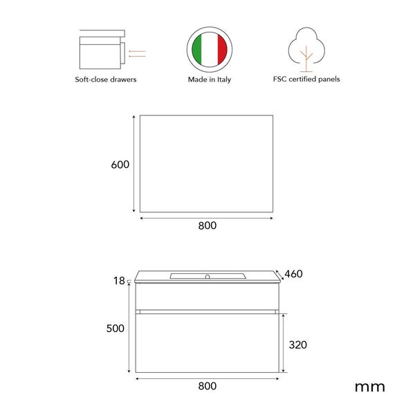 Technische Zeichnung eines Waschtischunterschranks mit Soft Close Auszügen, hergestellt in Italien aus FSC zertifizierten Holzwerkstoffen.