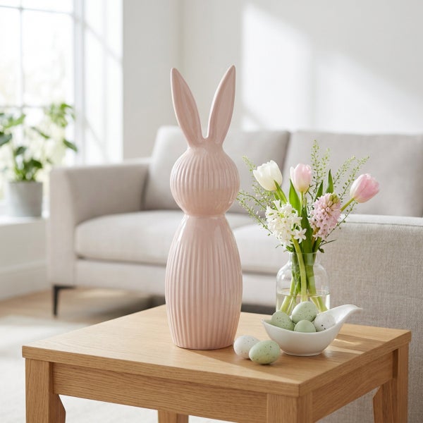 Osterdekoration mit einer geriffelten Hasenfigur aus Keramik, einem Blumenstrauß in Glasvase und Ostereiern auf einem Holztisch im Wohnzimmer.