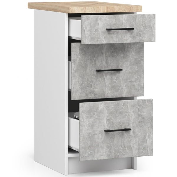 Küchenunterschrank mit drei Schubladen in Betonoptik und Arbeitsplatte in Holzoptik