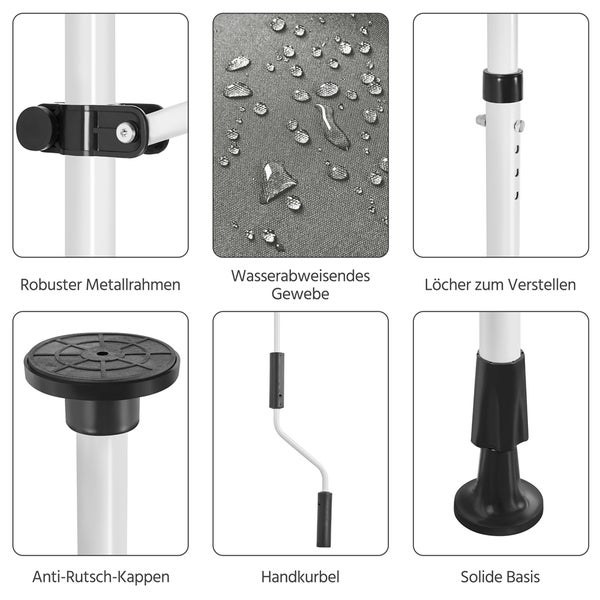 Details of a parasol: robust metal frame, water-repellent fabric, holes for adjustment, anti-slip caps, hand crank, solid base