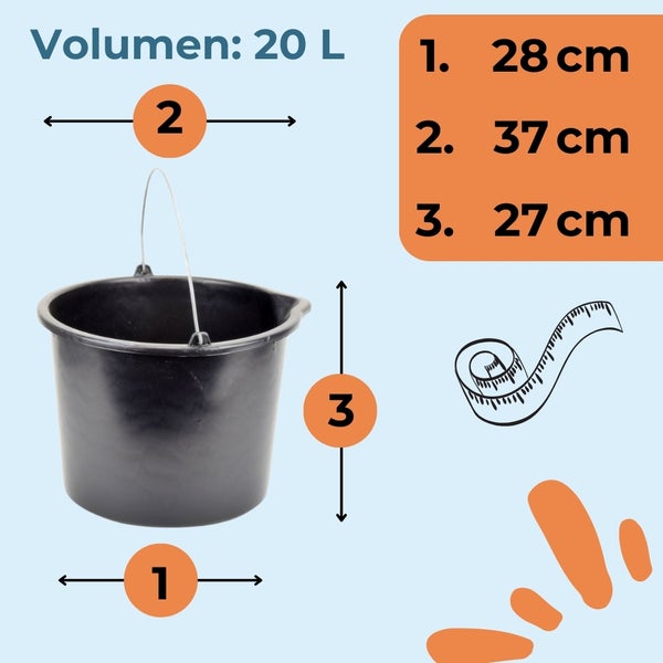 Schwarzer Eimer mit den Maßen 28, 37 und 27 cm, Volumen 20 Liter