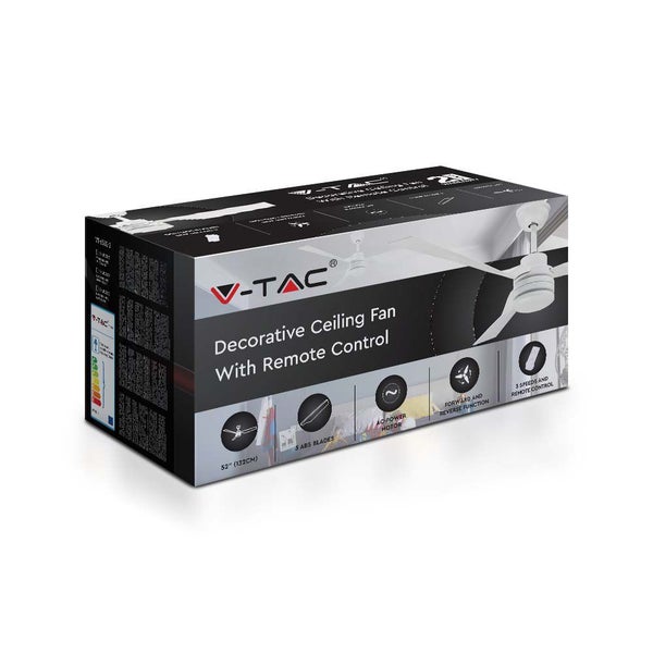 V-TAC Dekorativer Deckenventilator mit Fernbedienung in Verpackung, 132 Zentimeter, 5 Flügel, 3 Geschwindigkeiten, Vor- und Rücklauffunktion.