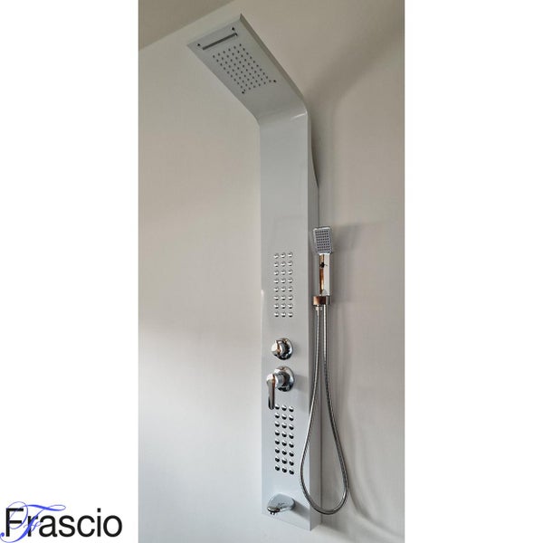 Duschpaneel mit Überkopfbrause, Handbrause, Massagedüsen und Armatur. Frascio Logo.