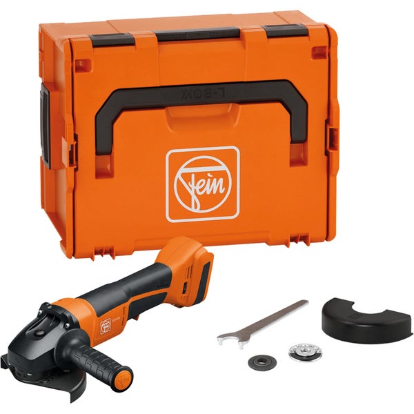 Fein Akku-Winkelschleifer CCG 18 mit bürstenlosem Motor, Zusatzhandgriff und Trennscheibe.