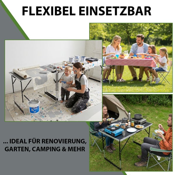 Szenen zeigen einen flexibel einsetzbaren Klapptisch für Renovierung, Garten und Camping.
