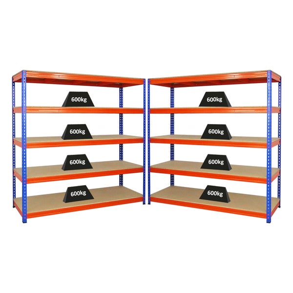 PROREGAL Mega Deal 2x Profi Schwerlastregal Bison HxBxT 200 x 200 x 60 cm 5 Fachböden Fachlast 600 kg Blau-Orange