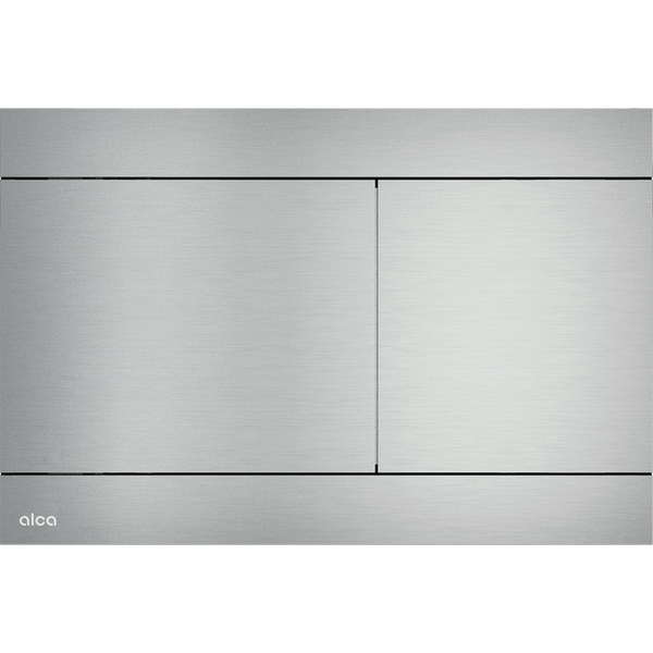 Alca Betätigungsplatte aus gebürstetem Metall für die Zwei-Mengen-Spülung bei der Toilette mit Alca Logo.