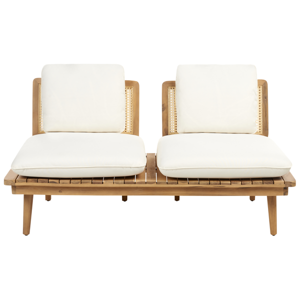 Zweisitziges Gartensofa aus Holz mit Rattangeflecht an der Rückenlehne und bequemen Polsterauflagen