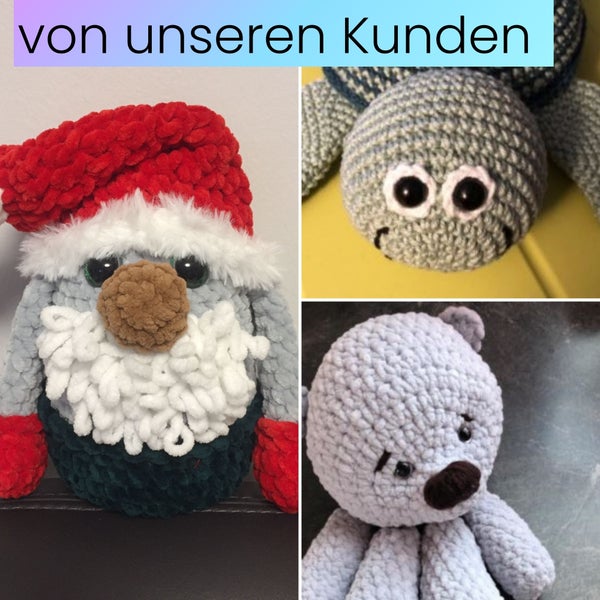 Collage von handgehäkelten Kuscheltieren von Kunden: ein Wichtel mit roter Mütze, eine Schildkröte und ein Teddybär.