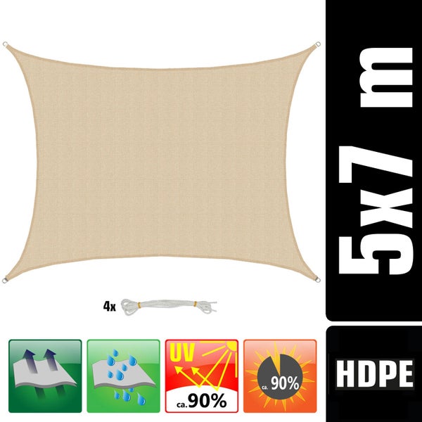 Beiges Sonnensegel, circa fünf mal sieben Meter, inklusive Befestigungsseile und Informationen zu UV-Schutz, Wasserdurchlässigkeit und Materialeigenschaften
