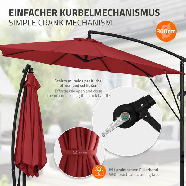 Ampelschirm mit 300 Zentimeter Durchmesser und Kurbelmechanismus zum einfachen Öffnen und Schließen inklusive Fixierband.