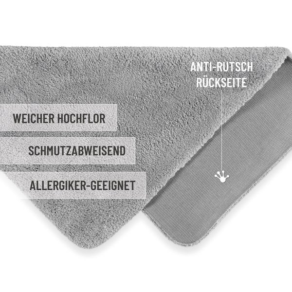 Weicher Hochflor Teppich mit rutschfester Rückseite, schmutzabweisend und für Allergiker geeignet.