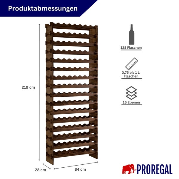 Abmessungen Proregal Weinregal aus Holz: Höhe 219 Zentimeter, Breite 84 Zentimeter, Tiefe 28 Zentimeter. Für 128 Flaschen auf 16 Ebenen.
