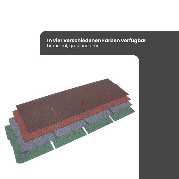 Bitumenschindeln für Dächer in vier verschiedenen Farben.