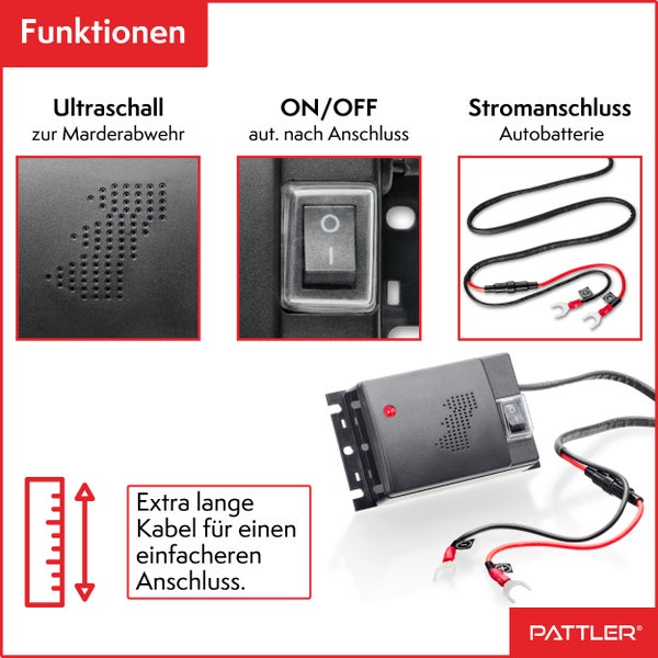 PATTLER® Marderschreck Auto Anschluss an 12V Autobatterie | Effektive Marderabwehr für Auto - mit Ultraschall | Sofortiger & Langfristiger Marderschutz für Auto im Motorraum