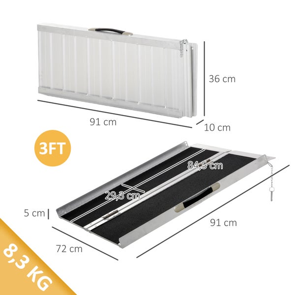 Faltbare Aluminiumrampe mit Tragegriff. Zusammengeklappt 91 mal 36 mal 10 Zentimeter. Geöffnet 91 mal 72 Zentimeter. Gewicht 8,3 Kilogramm.