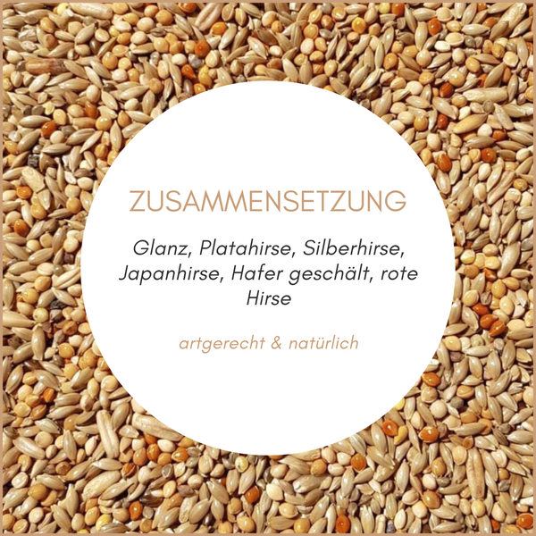 Zusammensetzung aus Glanz, Platahirse, Silberhirse, Japanhirse, geschältem Hafer, roter Hirse, artgerecht und natürlich