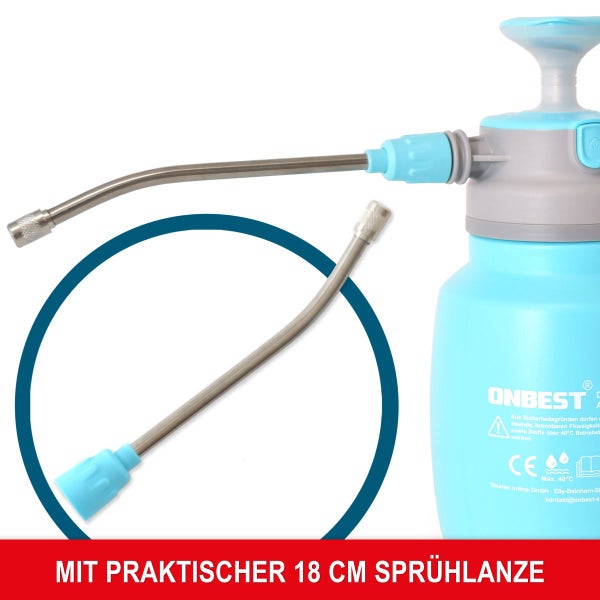 ONBEST Drucksprüher 1,5 Liter mit verstellbarer Metalldüse und Pumpgriff vor grünen Zimmerpflanzen.