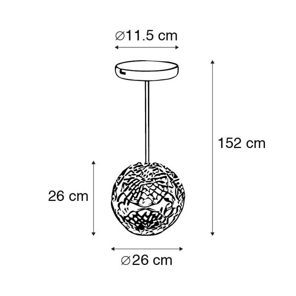 Technische Zeichnung einer Pendelleuchte mit den Maßen 152 cm Höhe und 26 cm Durchmesser.