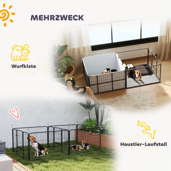 Modularer Haustier-Laufstall aus Metall, nutzbar als Wurfkiste im Innenbereich oder als Auslaufgehege im Garten, für Hunde und Welpen.