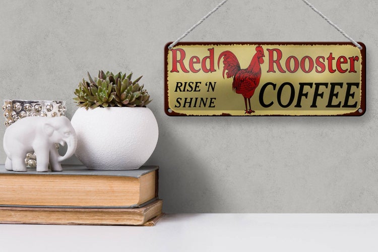 Blechschild Spruch 27x10cm Red Rooster rise`n shine COFFEE Dekoration