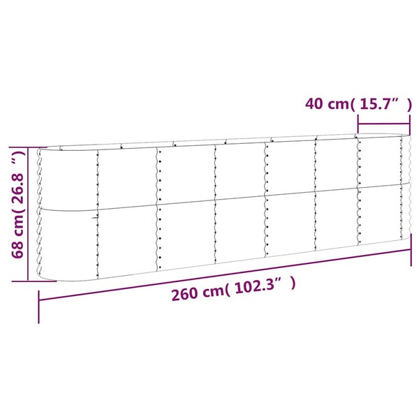 Technische Zeichnung eines Hochbeets mit den Maßen 260 Zentimeter mal 40 Zentimeter mal 68 Zentimeter.