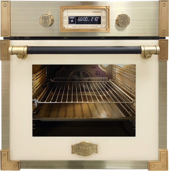 Kaiser Einbaubackofen im Landhausstil mit Pyrolyse Funktion, digitalem Display und Bedienknöpfen in antikem Design.