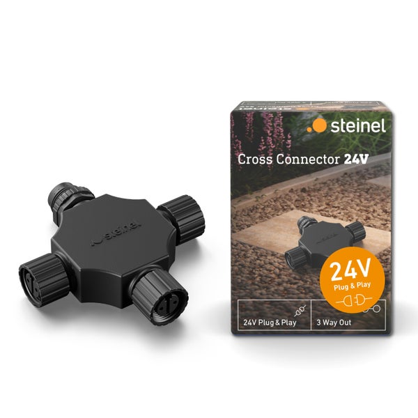 Schwarzer Steinel Kreuzverteiler 24 Volt Plug and Play mit 3-Wege-Ausgang, Steinel Logo und Produktverpackung.
