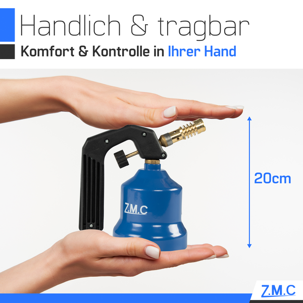 ZMC Gasbrenner 2,2 kW + 10 Gaskartuschen 190 g, Flambierbrenner, Bunsenbrenner, Küchenbrenner mit einstellbarer Flamme, Brenneraufsatz für Camping, Lötbrenner, Lötlampe zum Weich- oder Hartlöten
