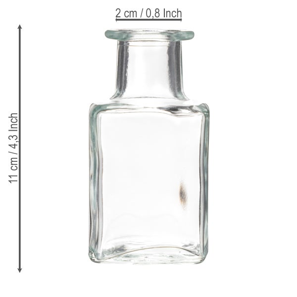 Nahaufnahme vom Flaschenhals einer transparenten Glasflasche mit runder Öffnung.