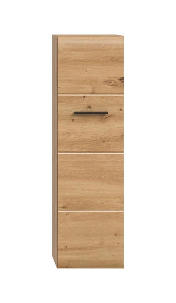 Schmaler Hochschrank in Eichenoptik mit einem schwarzen Griff und vier horizontalen Frontsegmenten.