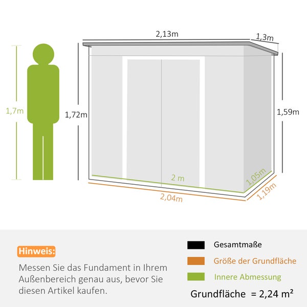 Outsunny Gerätehaus 2,42 m², Gartenhaus mit Lüftungsfenster, Schiebetür, Fundament, 213 x 130 x 159/172 cm, Geräteschuppen aus Verzinkter Stahl, wetterfest, für Garten, Grün
