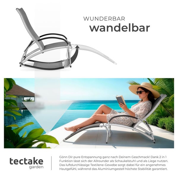 2 in 1 Gartenliege und Schaukelstuhl aus Aluminium und Textilene in einer hellen Szene am Pool. tectake garden Logo.