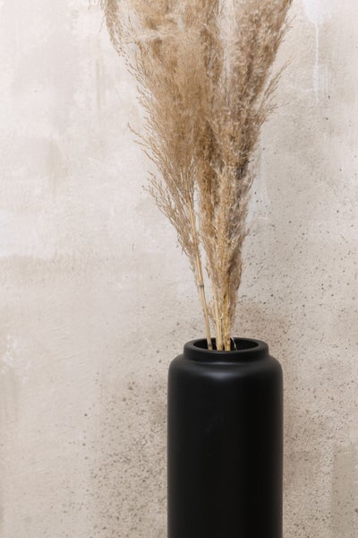 Moderne mattschwarze Vase mit getrocknetem Ziergras vor einer strukturierten Wand.