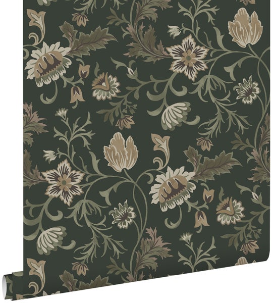 ESTAhome Tapete Blumenmuster Schwarz und Grün - 53 cm x 10.05 m - 139417