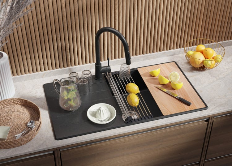 PRIMAGRAN Spülbecken Anthrazit 90x50cm, Granitspüle 1 Becken + Ablauf-Set + Schneidebrett, Küchenspüle ab 60er Unterschrank - Kopenhagen