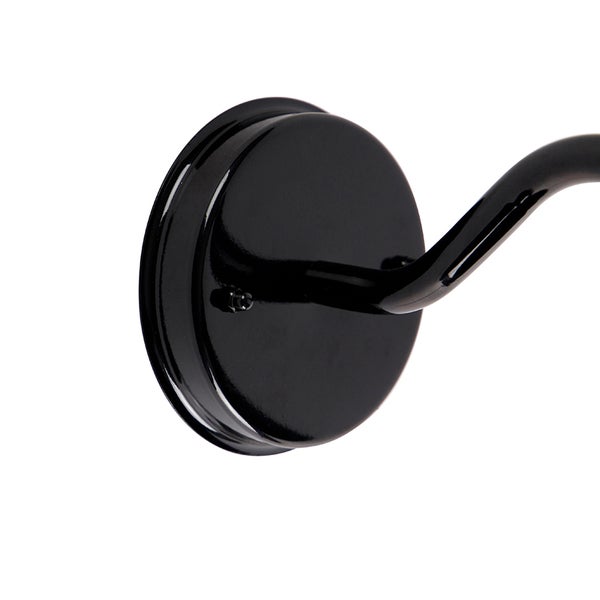 Wandhalterung einer Leuchte aus Metall in Schwarz, runde Basis mit gebogenem Arm.
