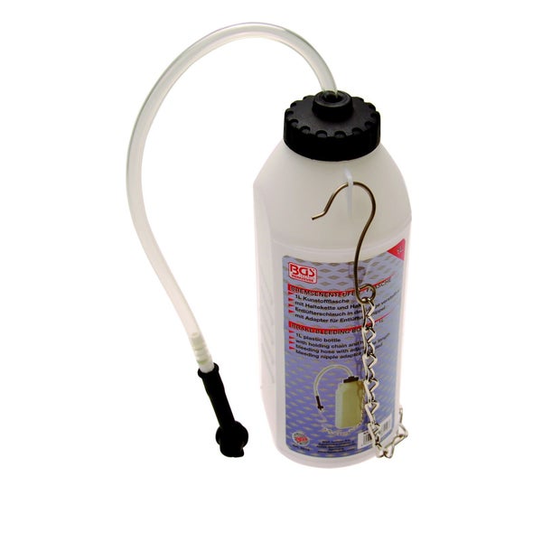 Bremsenentlüfterflasche aus Kunststoff mit Entlüfterschlauch und Haltekette