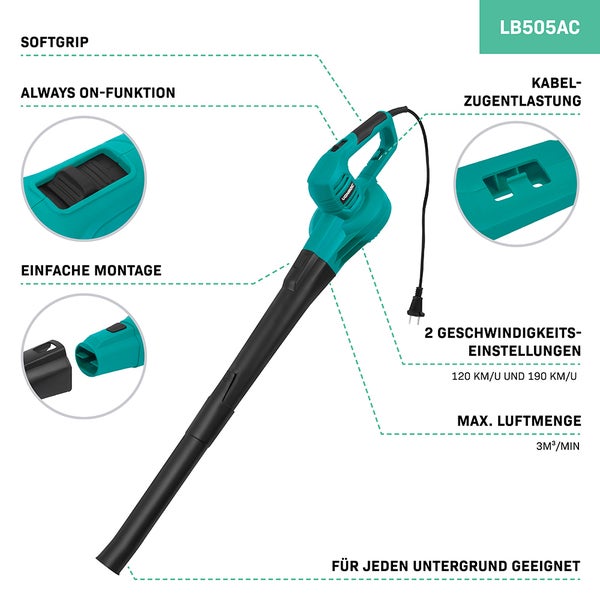 VONROC Laubbläser 650W – Kabelgebundenes Modell – 2 Geschwindigkeitsstufen: 120 km/h – 190 km/h