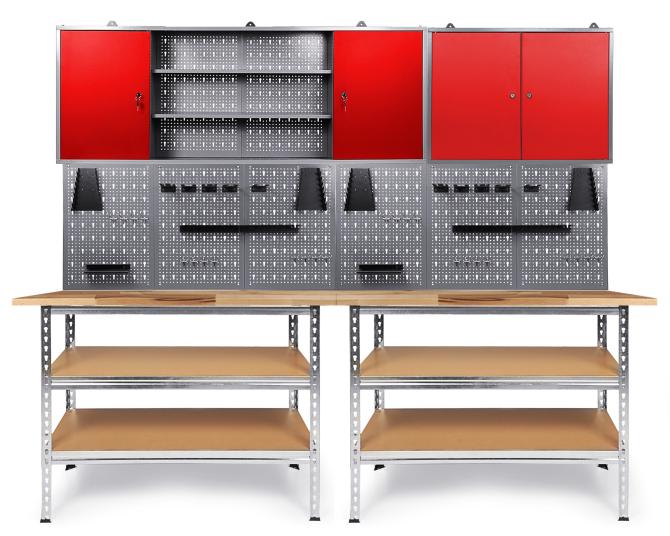 Werkstatteinrichtung mit Werkbank, Lochwand und Schränken