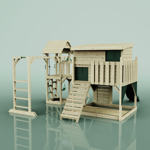 Holzspielplatz mit Rutsche, Klettergerüst und Schaukel