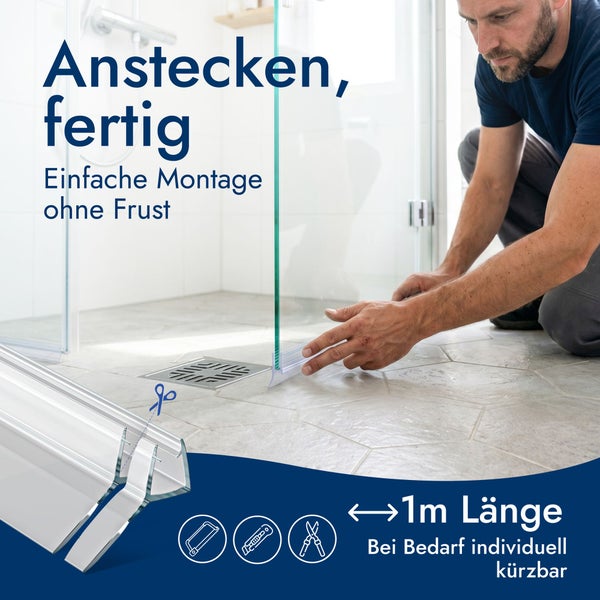 Ein Mann montiert eine transparente Duschdichtung an einer Glastür. Die Dichtung ist 1 Meter lang und kann individuell gekürzt werden.