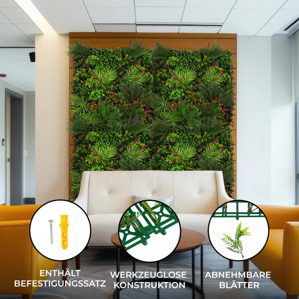 Begrünte Wandpaneele mit Befestigungsset, werkzeugloser Konstruktion und abnehmbaren Blättern in einem hellen Raum.